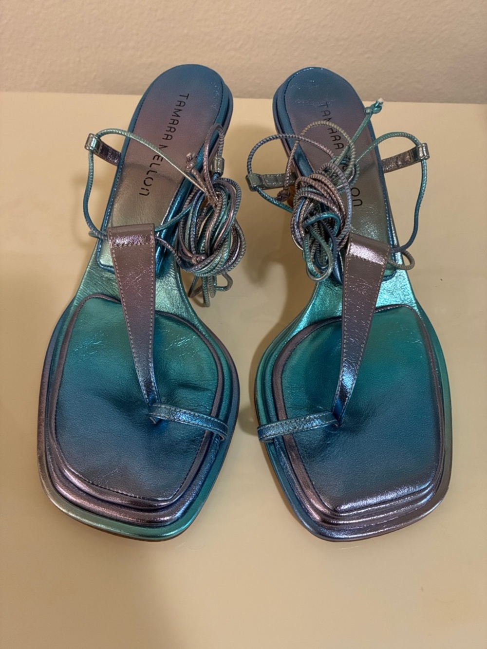 Tamara Mellon Iridescent Teal-Blue Strappy Sandals Solstice 65 38.5 8.5